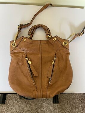 orYANY Tan Braided-Handle Leather Hobo with Gold Tone Hardware